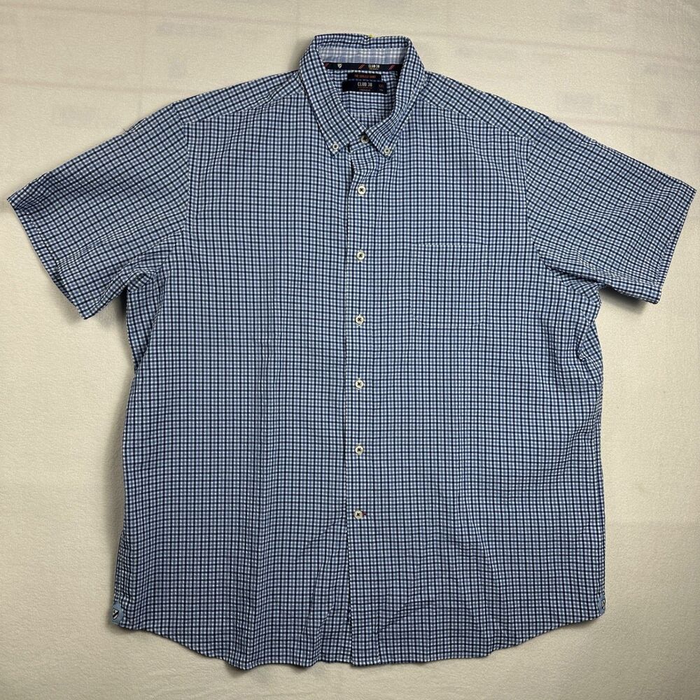 Club 38 Performance Cremieux Men's Blue Checkered Short Sleeve Button Down XXL